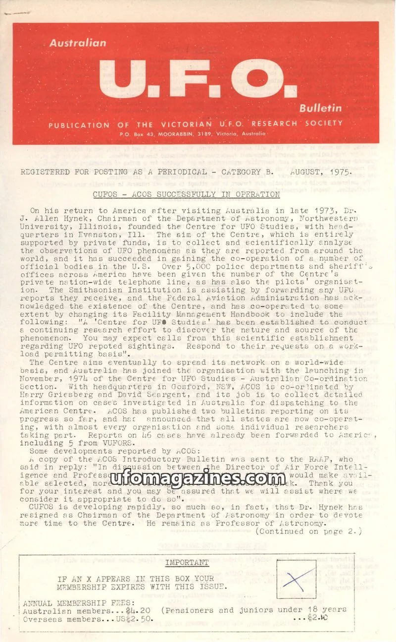 Cover of VICTORIAN U.F.O. RESEARCH SOCIETY issue August: U.F.O. Bulletin