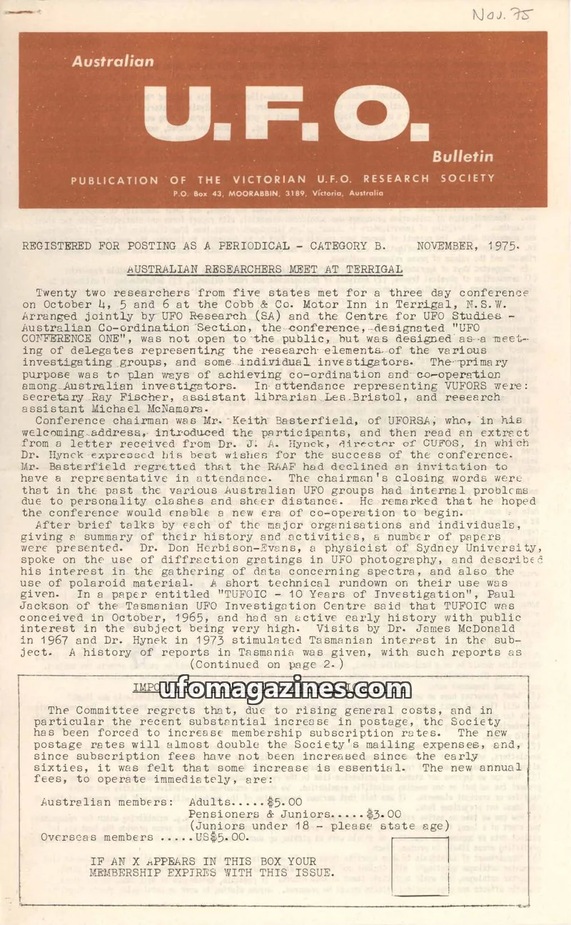 Cover of THE VICTORIAN U.F.O. RESEARCH SOCIETY issue November, 1975: Australian U.F.O. Bulletin