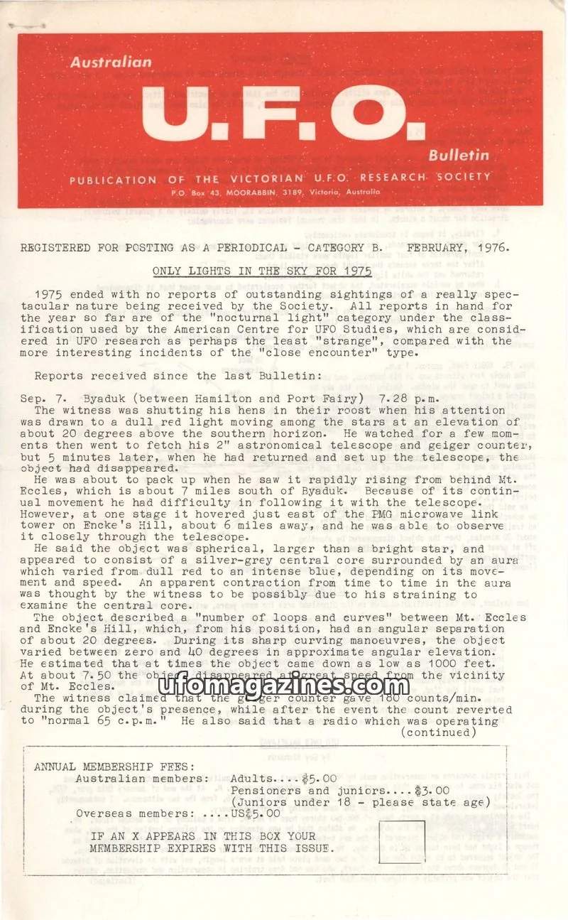Cover of THE VICTORIAN U.F.O. RESEARCH SOCIETY issue February, 1976: U.F.O. Bulletin