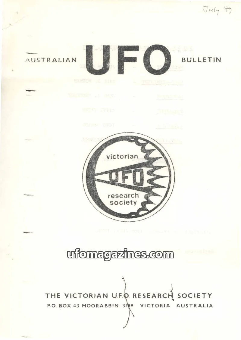 Cover of THE VICTORIAN UFO RESEARCH SOCIETY issue AUGUST: AUSTRALIAN UFO BULLETIN