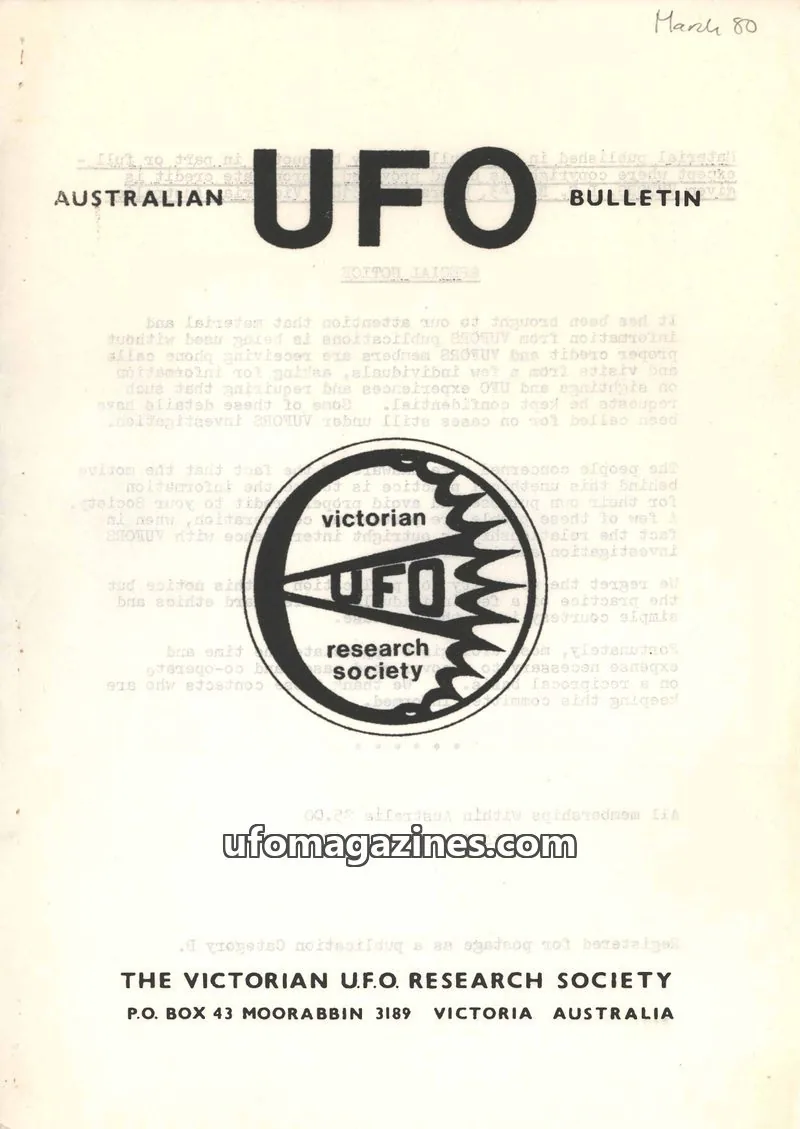 Cover of THE VICTORIAN U.F.O. RESEARCH SOCIETY issue March 80: AUSTRALIAN UFO BULLETIN