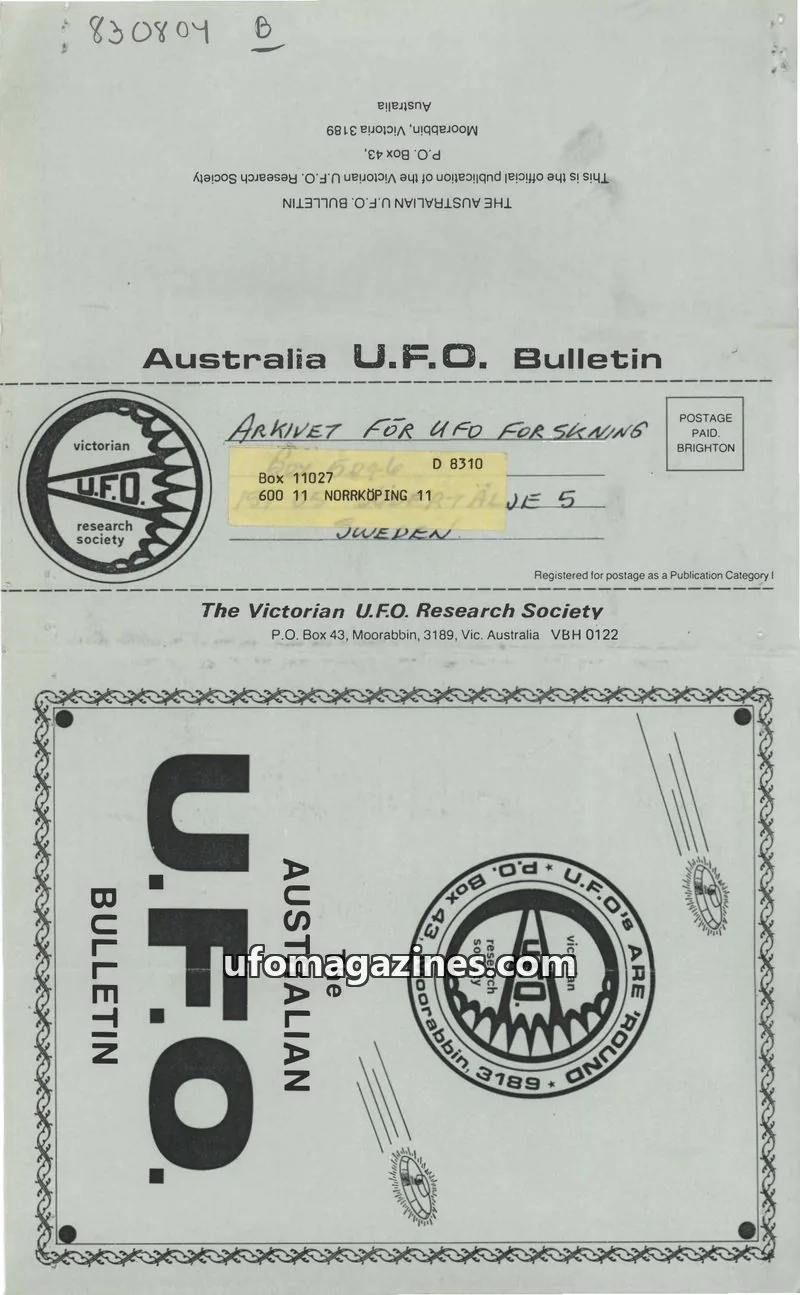 Cover of The Victorian U.F.O. Research Society issue June: Australia U.F.O. Bulletin