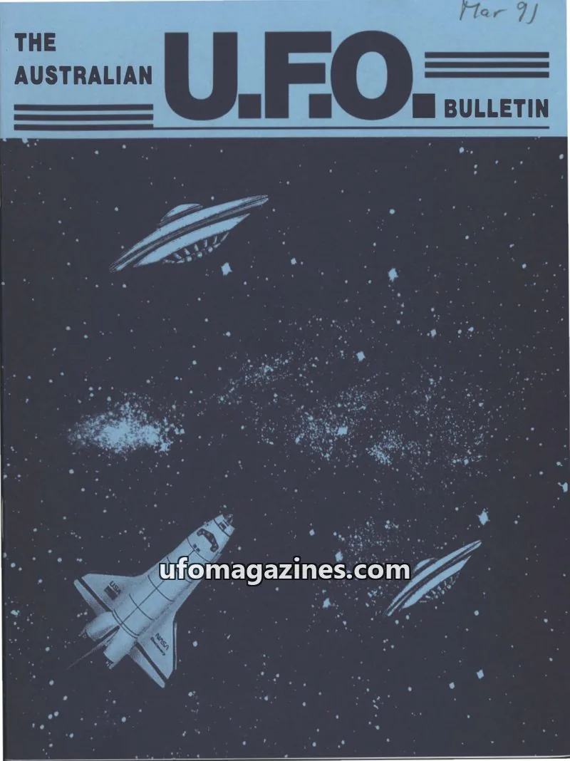 Cover of Victorian U.F.O. Research Society issue Mar 91: THE AUSTRALIAN U.F.O. BULLETIN