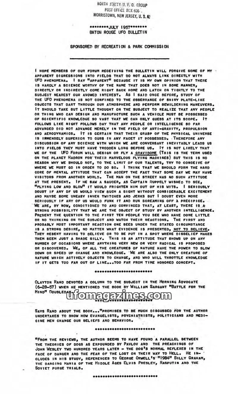 Cover of NORTH JERSEY U. F. O. GROUP issue JULY 1957: BATON ROUGE UFO BULLETIN