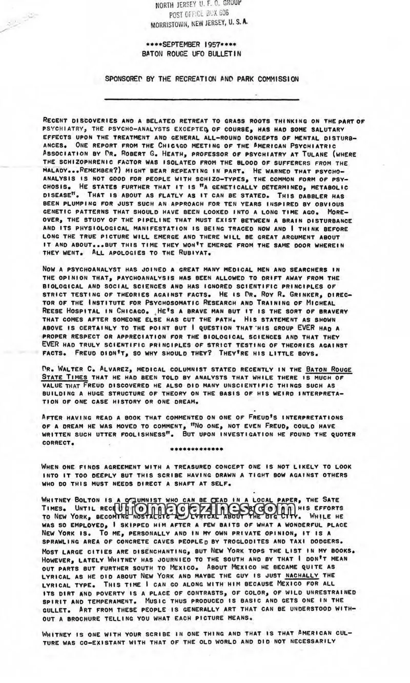 Cover of NORTH JERSEY U. F. O. GROUP issue SEPTEMBER 1957: BATON ROUGE UFO BULLETIN