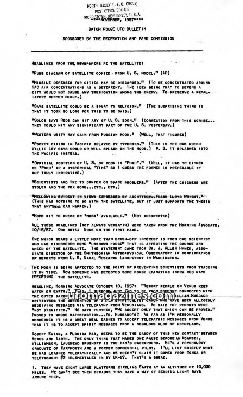 Cover of NORTH JERSEY U. F. O. GROUP issue November, 1957: BATON ROUGE UFO BULLETIN