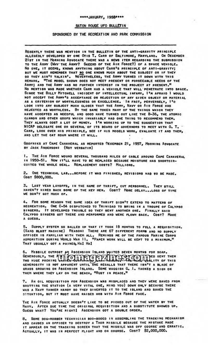 Cover of Baton Rouge UFO Bulletin issue JANUARY, 1958: BATON ROUGE UFO BULLETIN