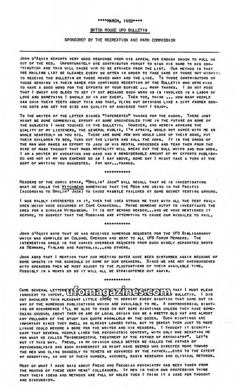Cover of Baton Rouge UFO Bulletin issue MARCH, 1958: BATON ROUGE UFO BULLETIN