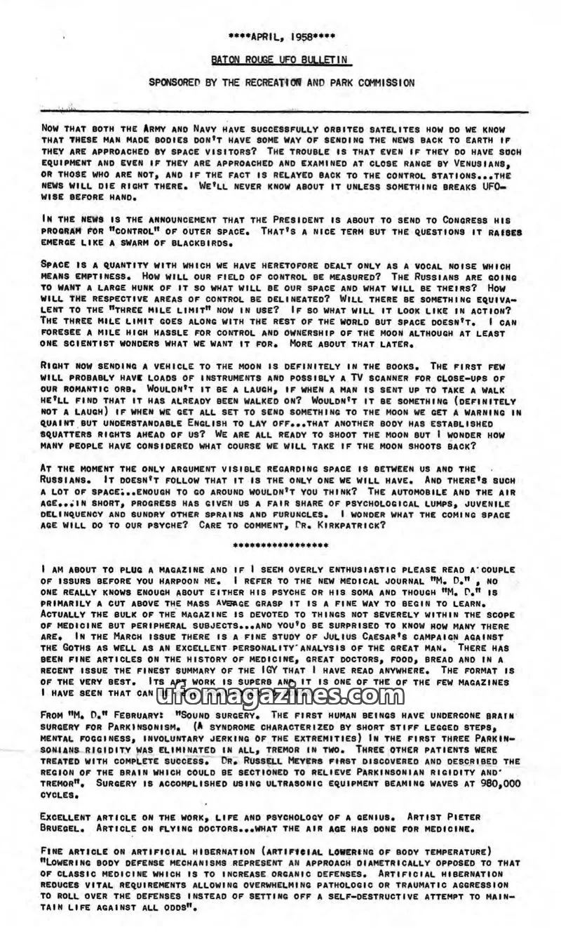 Cover of Baton Rouge UFO Bulletin issue APRIL, 1958: BATON ROUGE UFO BULLETIN