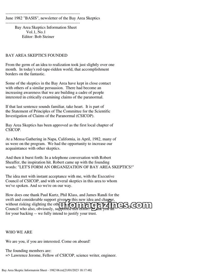 Cover of Bay Area Skeptics Information Sheet (BASIS) issue Vol.1, No.1: BASIS