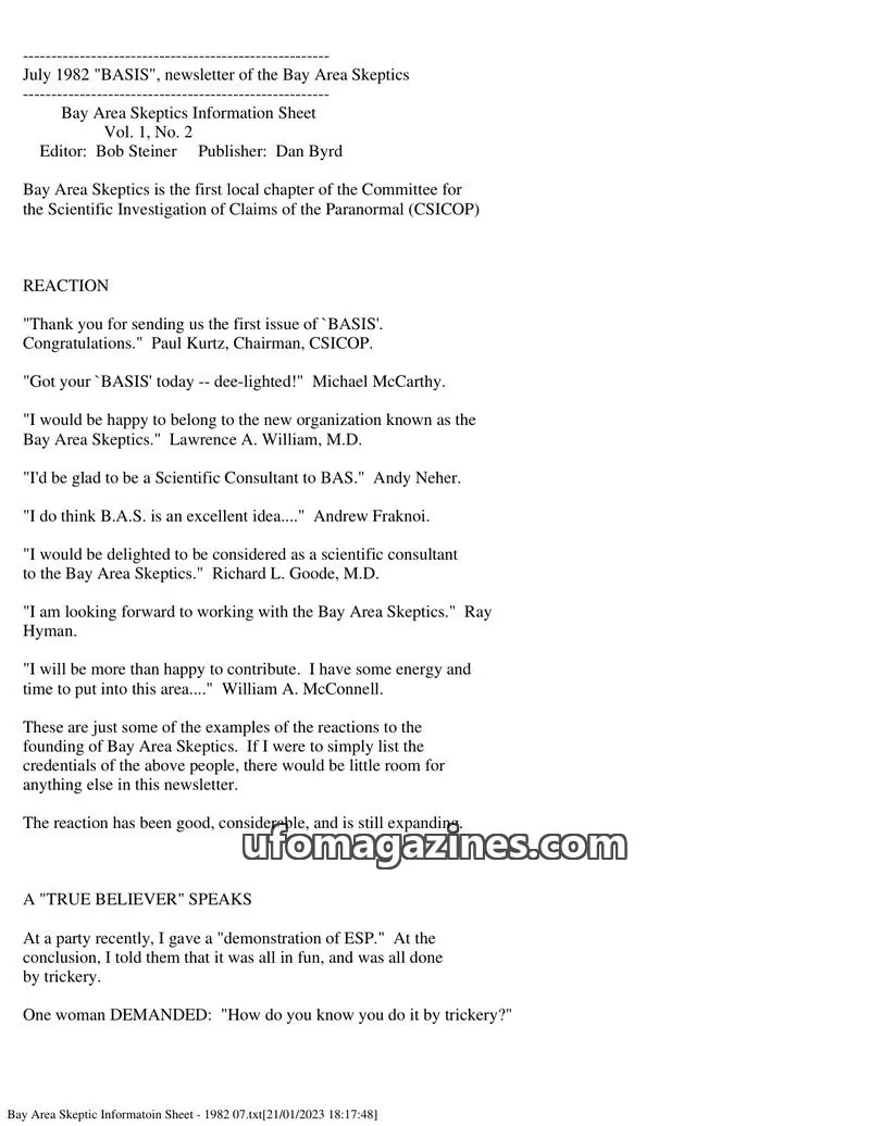 Cover of Bay Area Skeptics Information Sheet (BASIS) issue Vol. 1, No. 2: BASIS