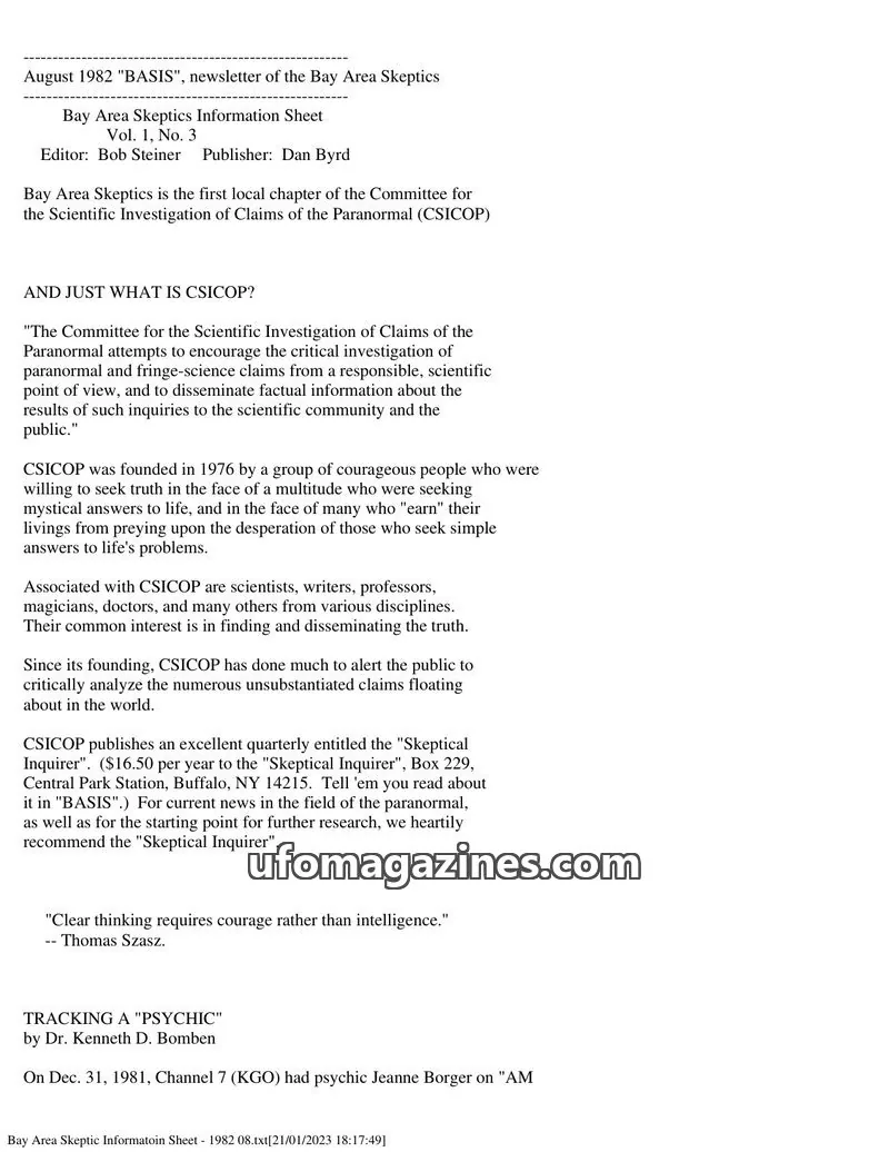 Cover of Bay Area Skeptics Information Sheet (BASIS) issue Vol. 1, No. 3: BASIS