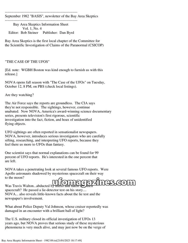 Cover of Bay Area Skeptics Information Sheet (BASIS) issue Vol. 1, No. 4: BASIS
