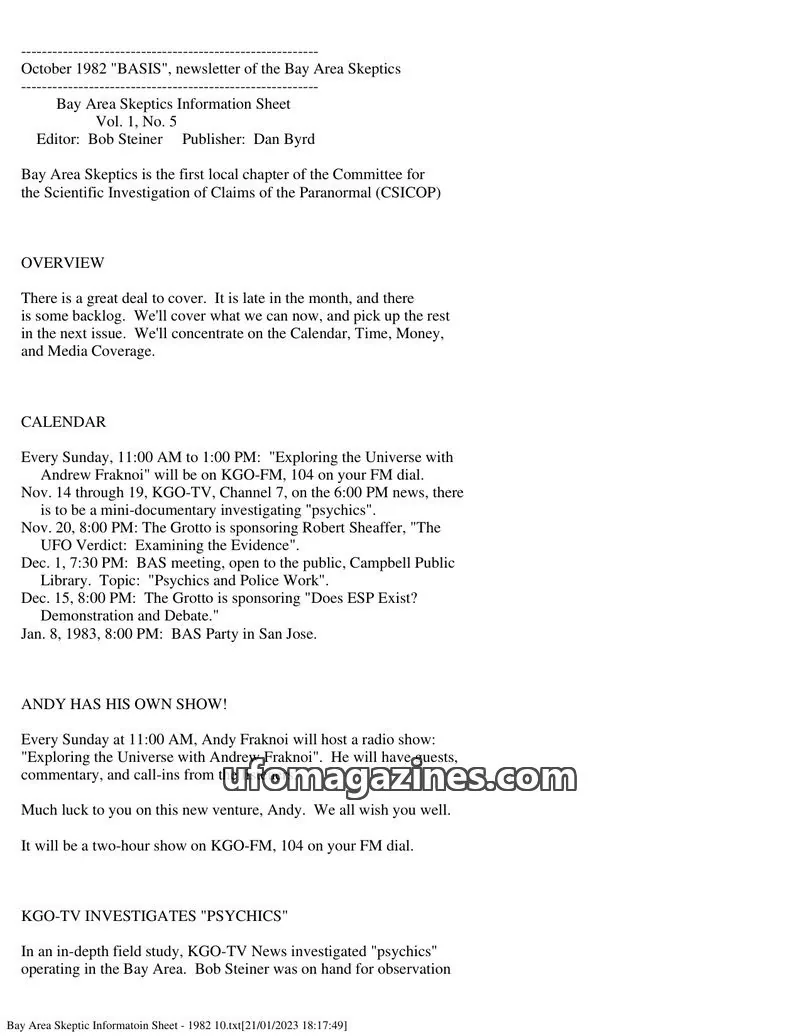 Cover of Bay Area Skeptics Information Sheet (BASIS) issue Vol. 1, No. 5: BASIS