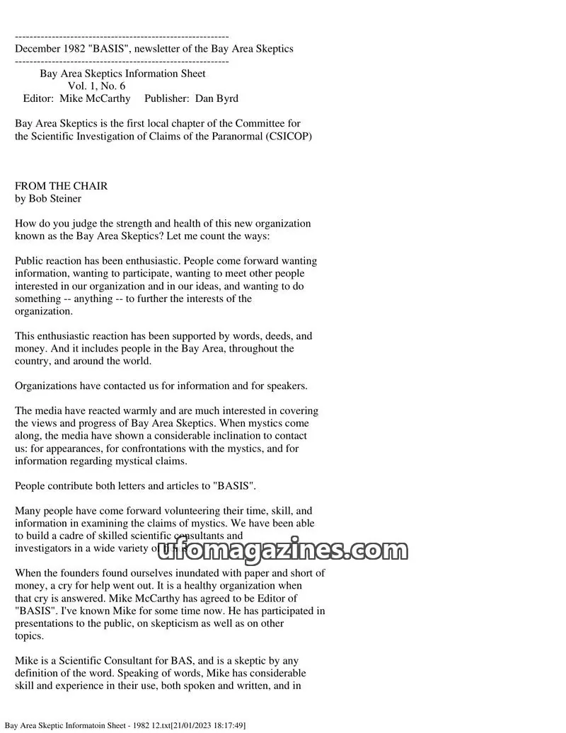 Cover of Bay Area Skeptics Information Sheet (BASIS) issue Vol. 1, No. 6: BASIS