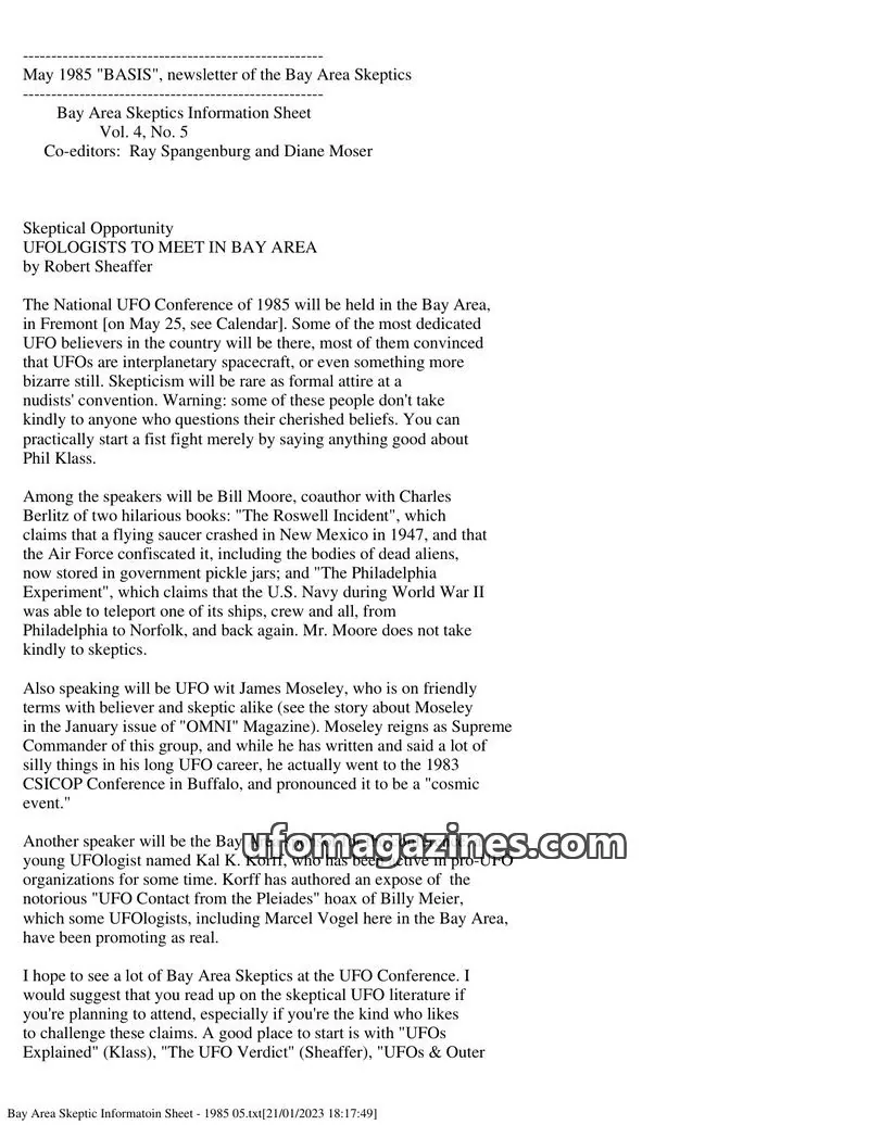 Cover of Bay Area Skeptics Information Sheet (BASIS) issue Vol. 4, No. 5: BASIS