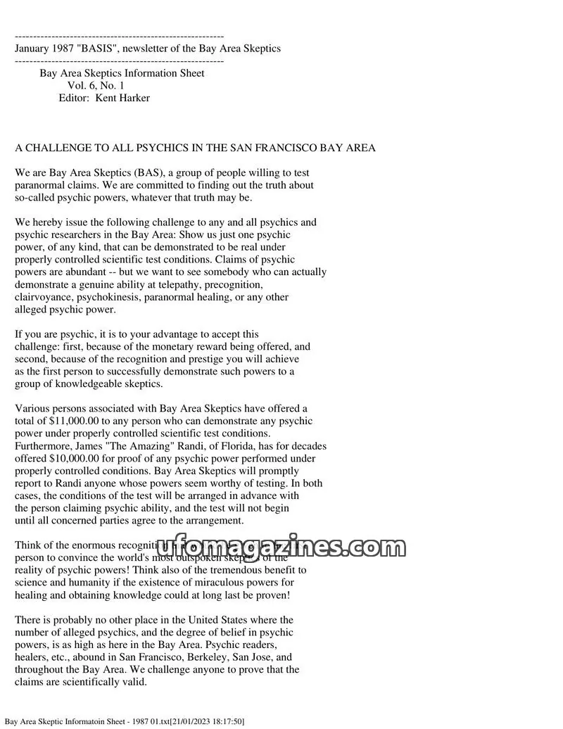 Cover of Bay Area Skeptics Information Sheet (BASIS) issue Vol. 6, No. 1: BASIS