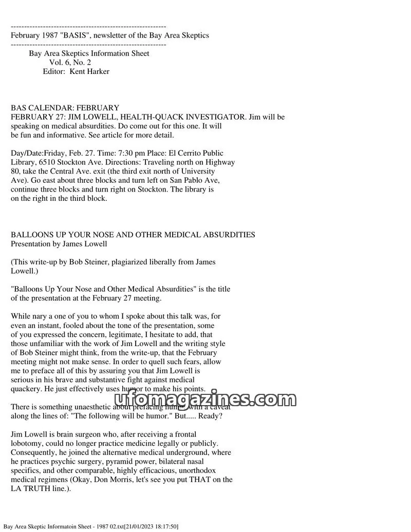 Cover of Bay Area Skeptics Information Sheet (BASIS) issue Vol. 6, No. 2: BASIS