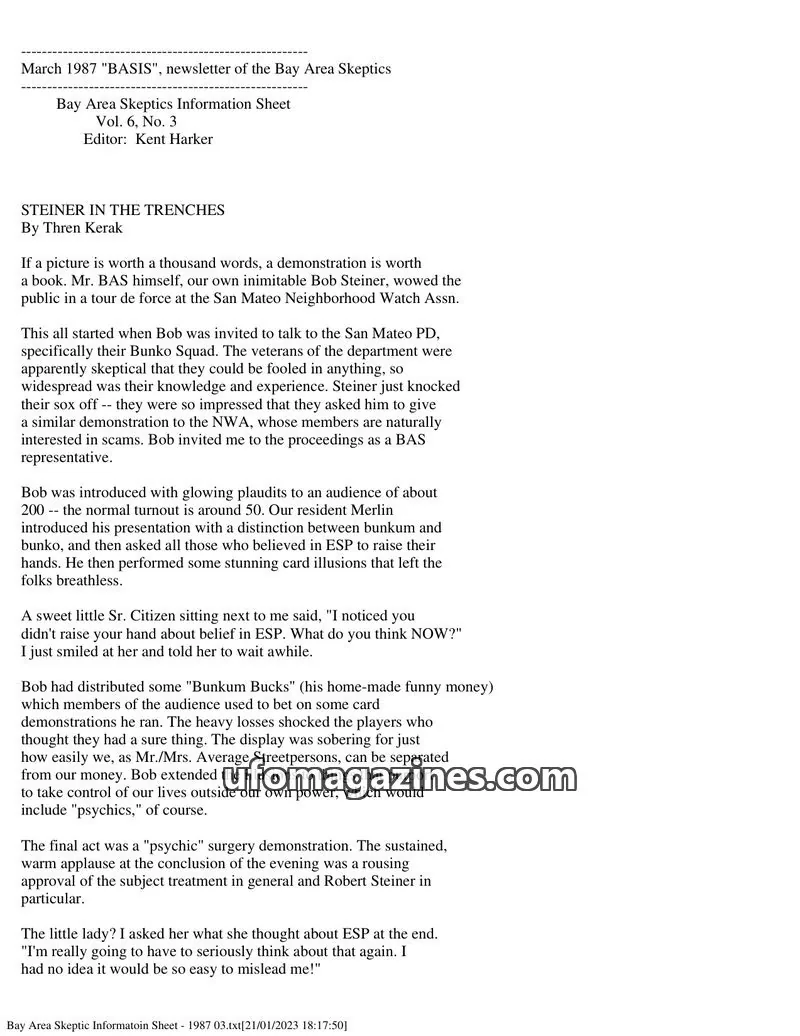 Cover of Bay Area Skeptics Information Sheet (BASIS) issue No. 3: BASIS