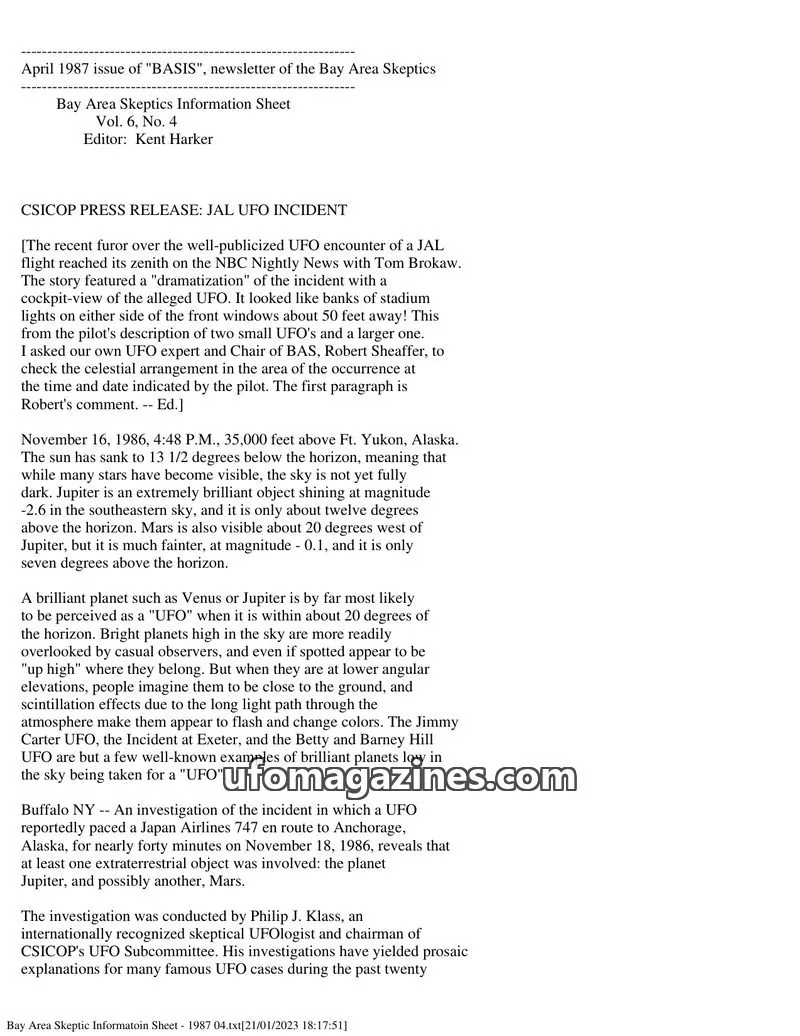 Cover of Bay Area Skeptics Information Sheet (BASIS) issue No. 4: BASIS