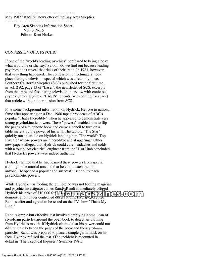 Cover of Bay Area Skeptics Information Sheet (BASIS) issue Vol. 6, No. 5: BASIS