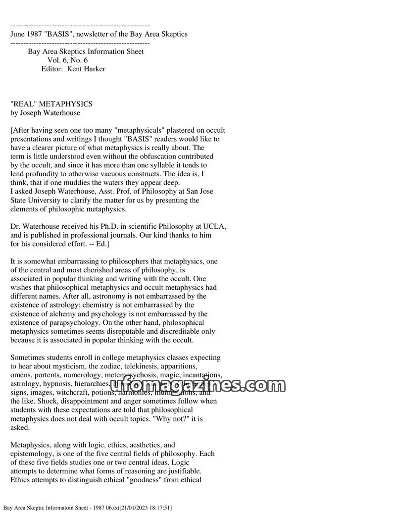 Cover of Bay Area Skeptics Information Sheet (BASIS) issue Vol. 6, No. 6: BASIS
