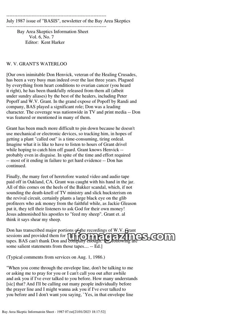 Cover of Bay Area Skeptics Information Sheet (BASIS) issue No. 7: BASIS