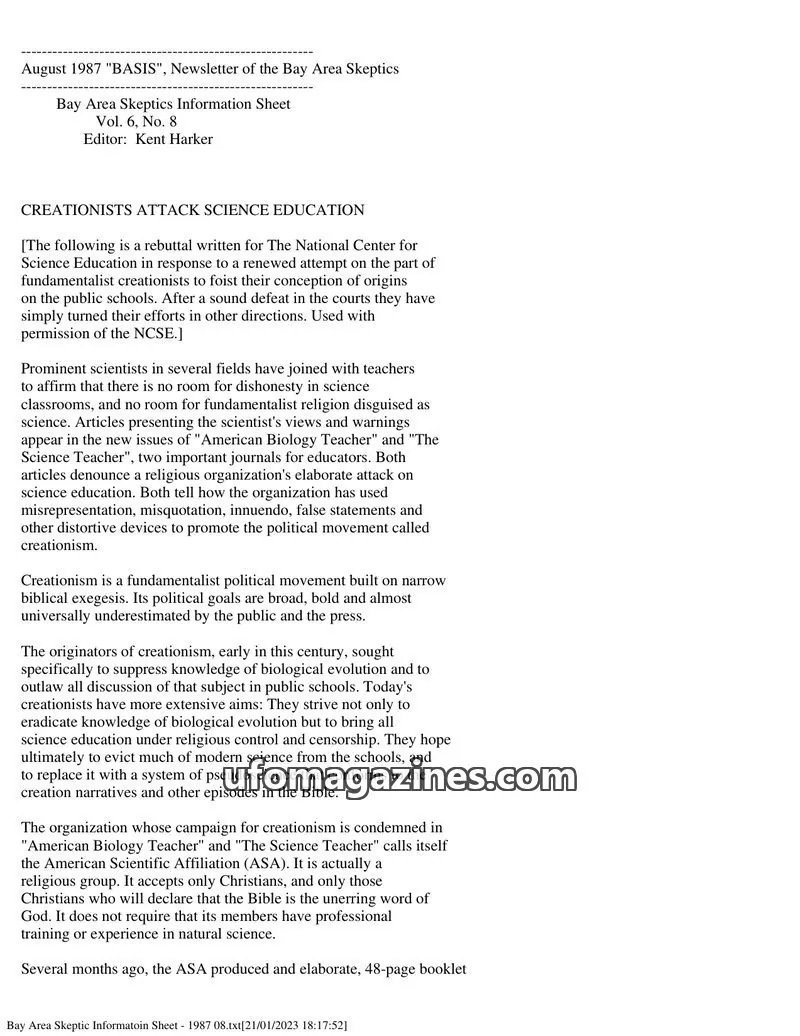 Cover of Bay Area Skeptics Information Sheet (BASIS) issue No. 8: BASIS