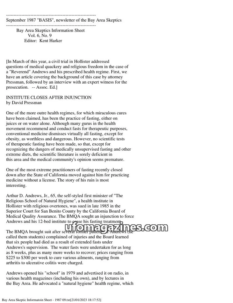 Cover of Bay Area Skeptics Information Sheet (BASIS) issue No. 9: BASIS