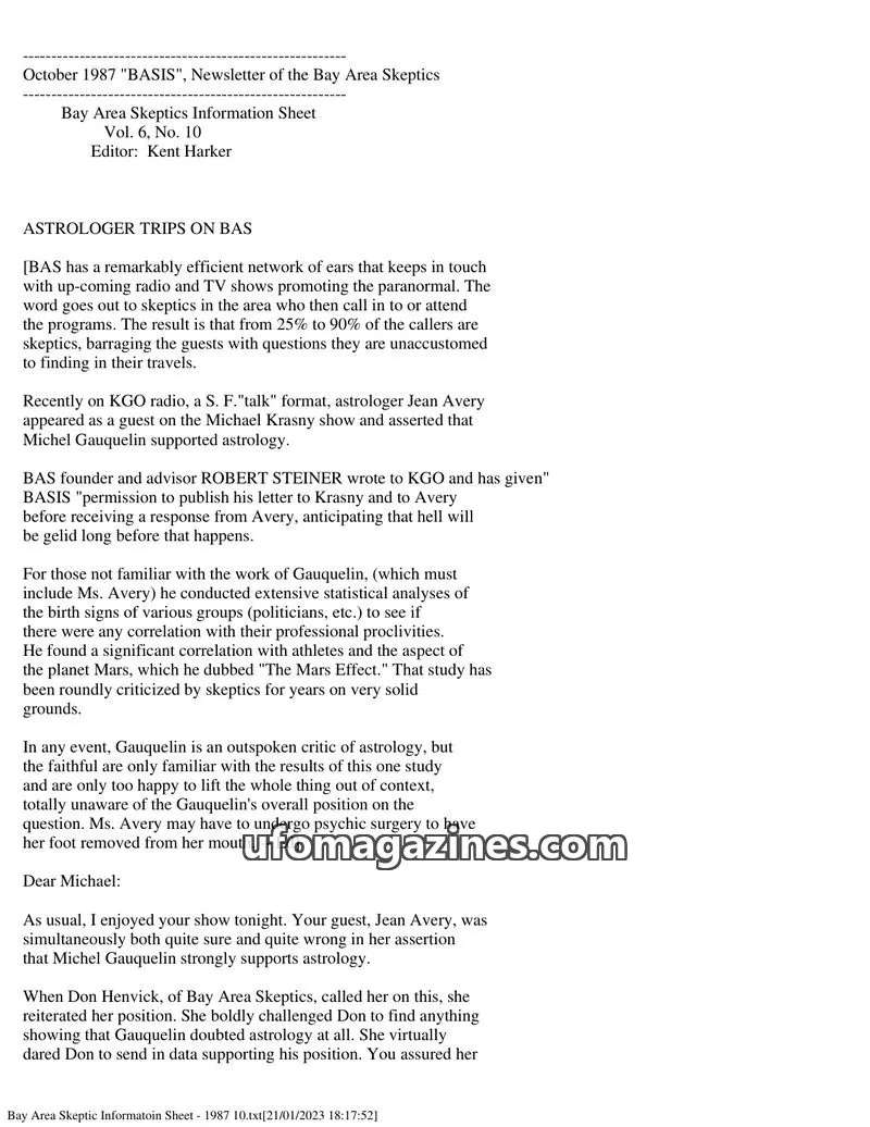 Cover of Bay Area Skeptics Information Sheet (BASIS) issue No. 10: BASIS