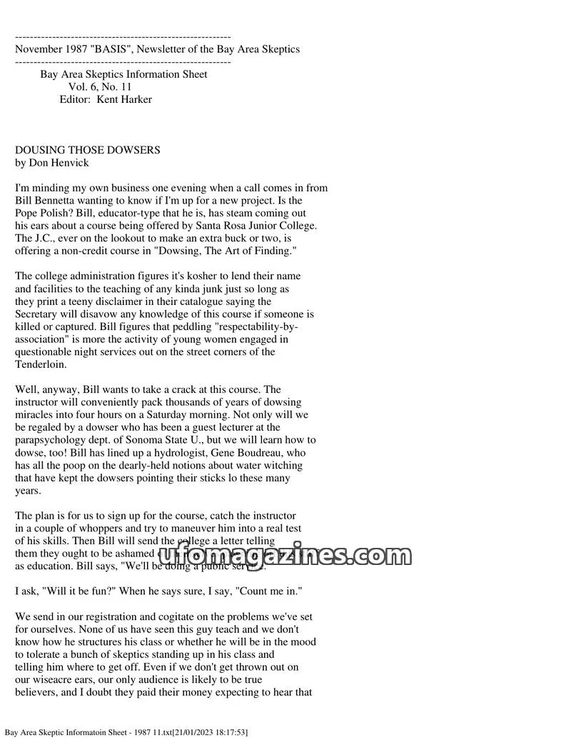 Cover of Bay Area Skeptics Information Sheet (BASIS) issue No. 11: "BASIS", Newsletter of the Bay Area Skeptics