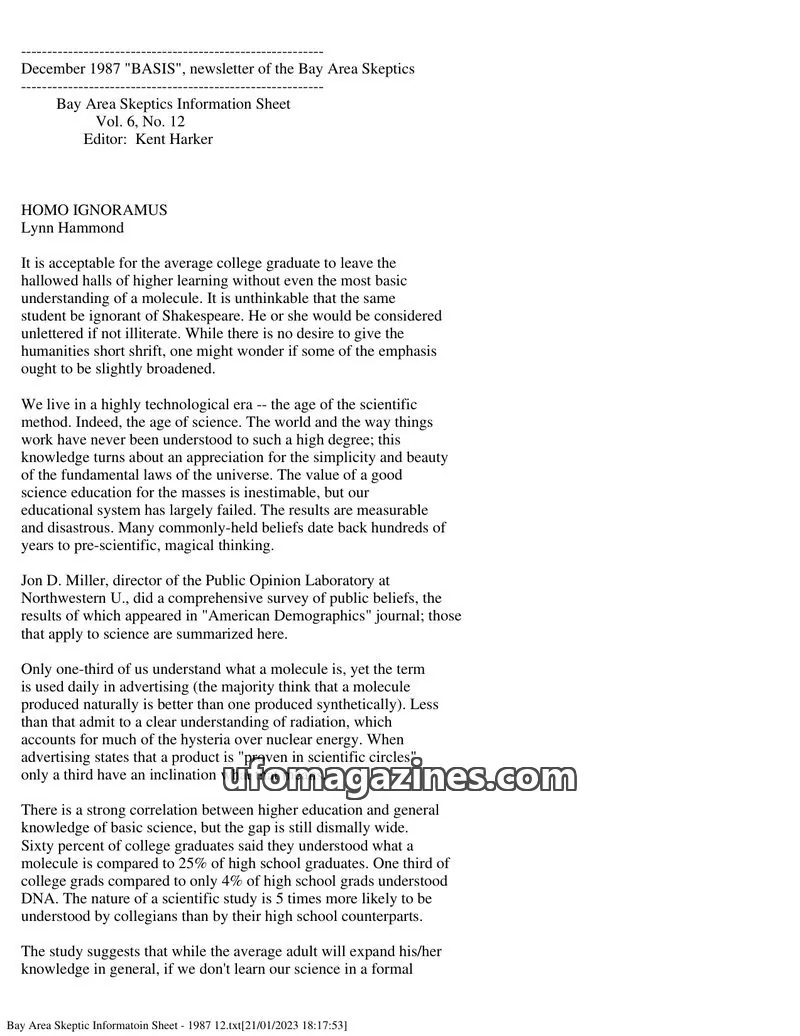 Cover of Bay Area Skeptics Information Sheet (BASIS) issue Vol. 6, No. 12: BASIS