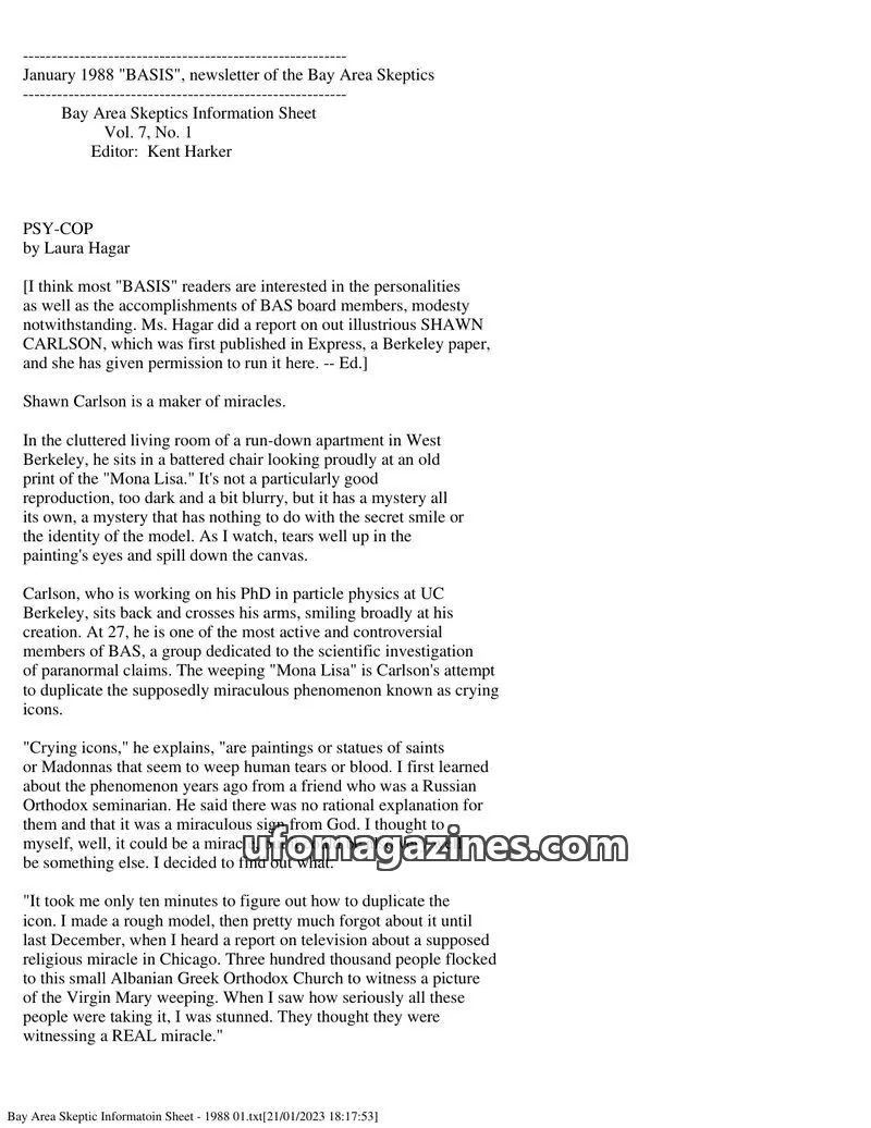 Cover of Bay Area Skeptics Information Sheet (BASIS) issue Vol. 7, No. 1: BASIS