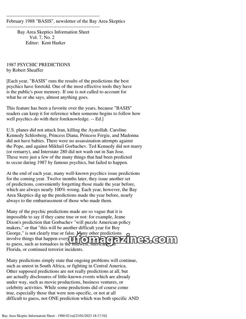 Cover of Bay Area Skeptics Information Sheet (BASIS) issue Vol. 7, No. 2: BASIS