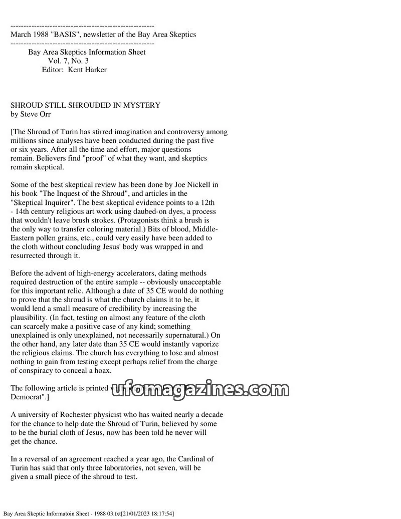 Cover of Bay Area Skeptics Information Sheet (BASIS) issue Vol. 7, No. 3: BASIS