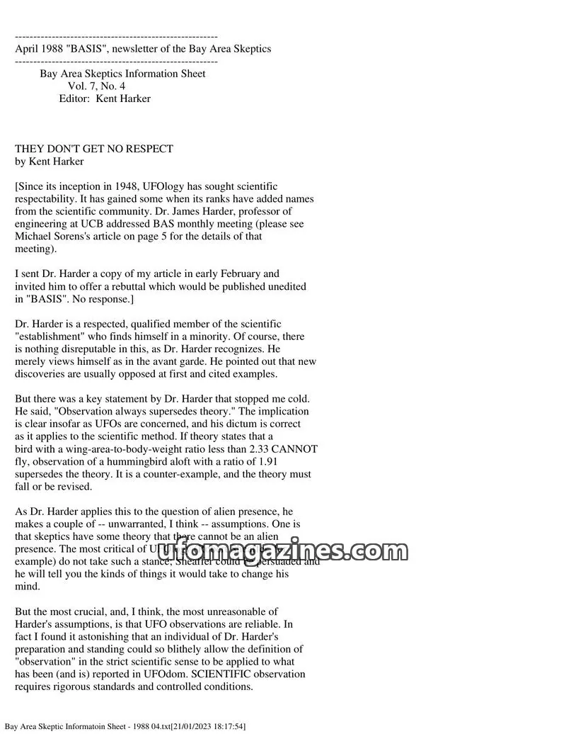 Cover of Bay Area Skeptics Information Sheet (BASIS) issue Vol. 7, No. 4: BASIS