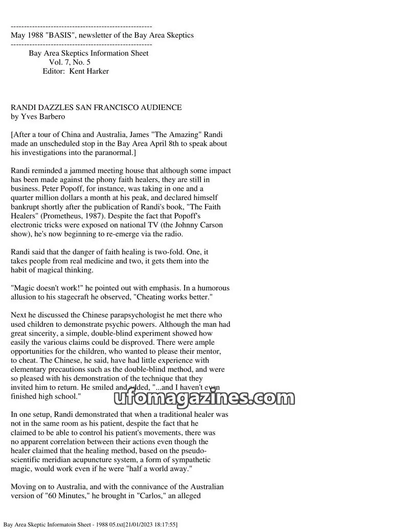 Cover of Bay Area Skeptics Information Sheet (BASIS) issue Vol. 7, No. 5: BASIS