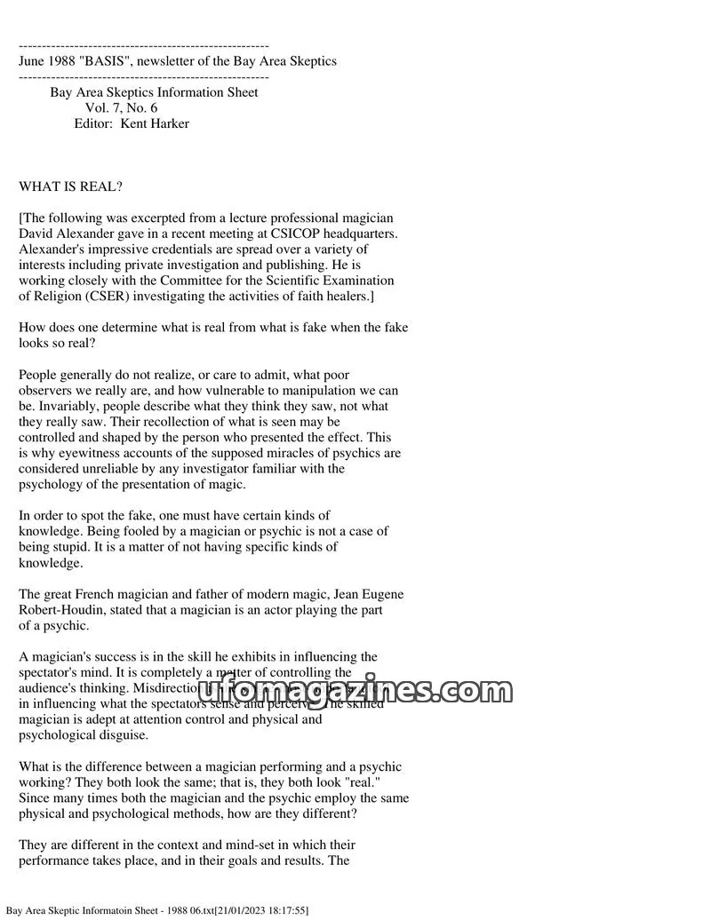 Cover of Bay Area Skeptics Information Sheet (BASIS) issue Vol. 7, No. 6: BASIS
