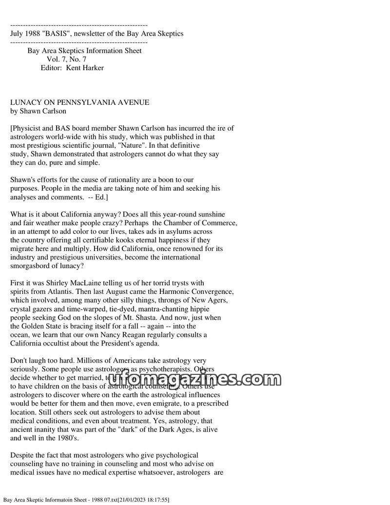 Cover of Bay Area Skeptics Information Sheet (BASIS) issue Vol. 7, No. 7: BASIS