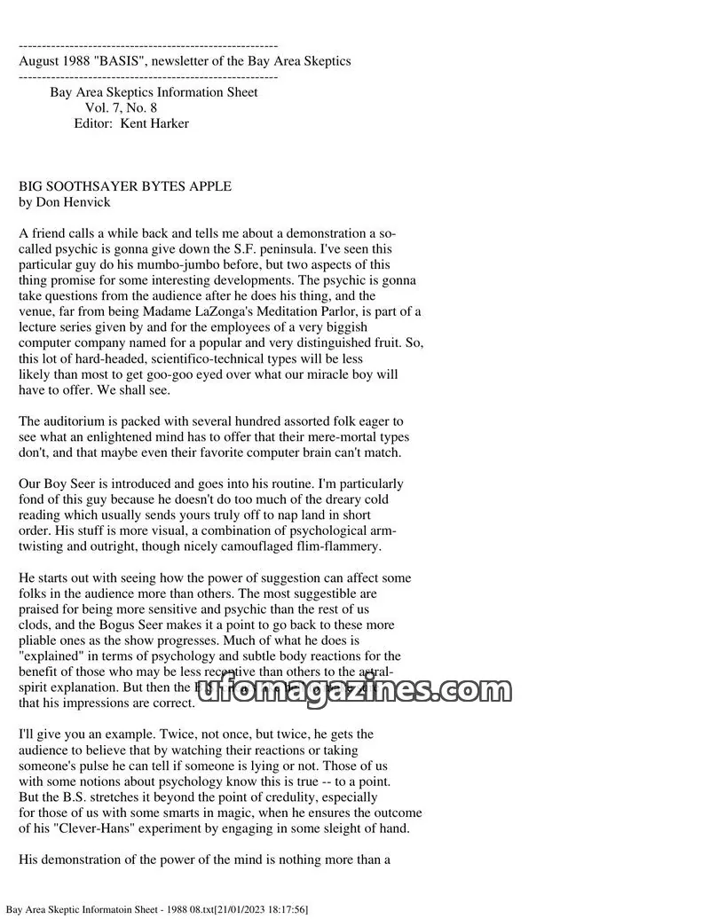 Cover of Bay Area Skeptics Information Sheet (BASIS) issue No. 8: BASIS