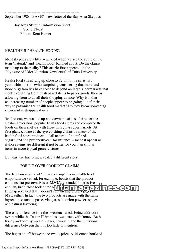 Cover of Bay Area Skeptics Information Sheet (BASIS) issue Vol. 7, No. 9: BASIS