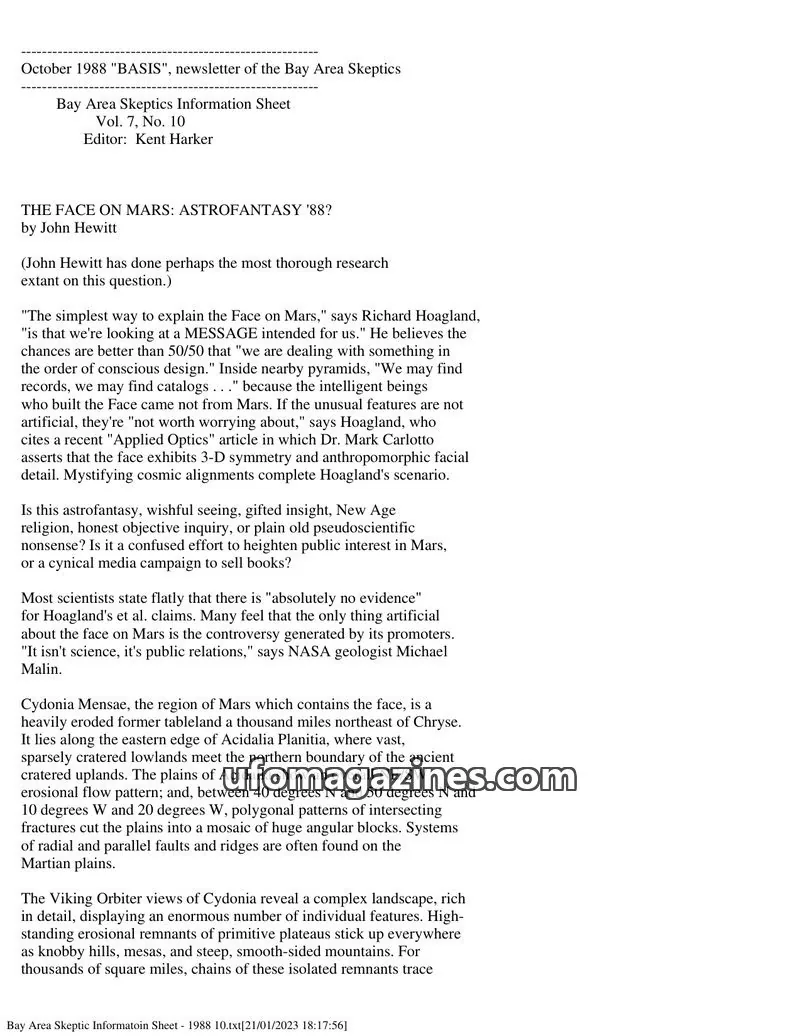 Cover of Bay Area Skeptics Information Sheet (BASIS) issue Vol. 7, No. 10: BASIS