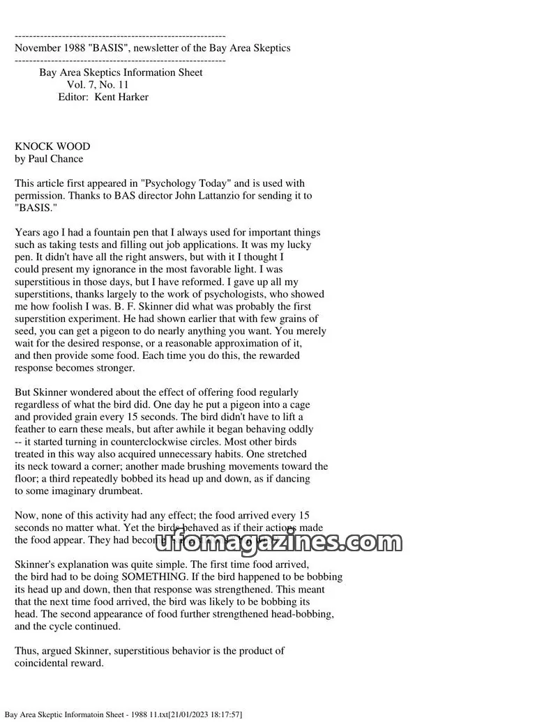 Cover of Bay Area Skeptics Information Sheet (BASIS) issue Vol. 7, No. 11: BASIS