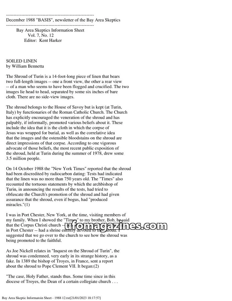 Cover of Bay Area Skeptics Information Sheet (BASIS) issue Vol. 7, No. 12: BASIS
