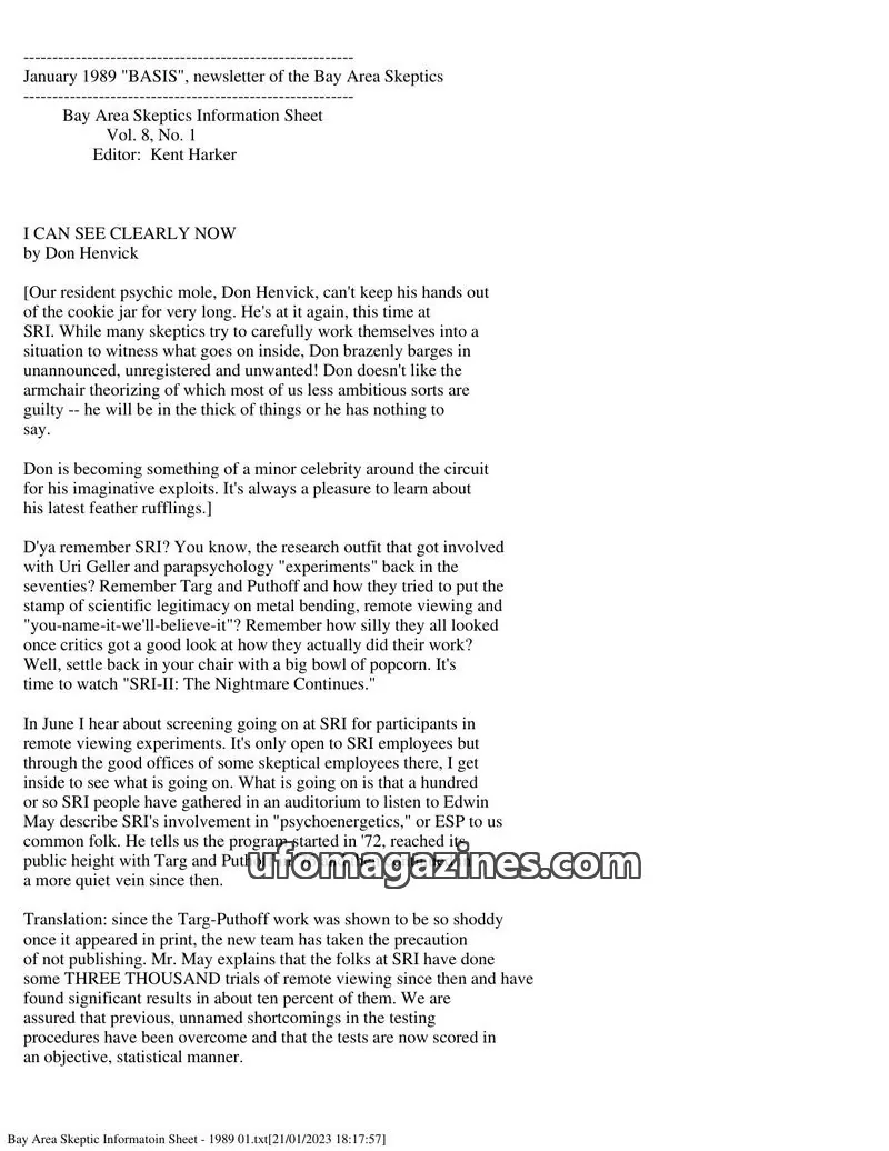 Cover of Bay Area Skeptics Information Sheet (BASIS) issue Vol. 8, No. 1: BASIS