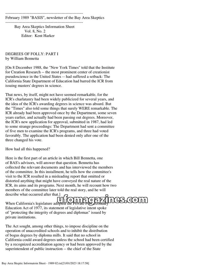 Cover of Bay Area Skeptics Information Sheet (BASIS) issue Vol. 8, No. 2: BASIS
