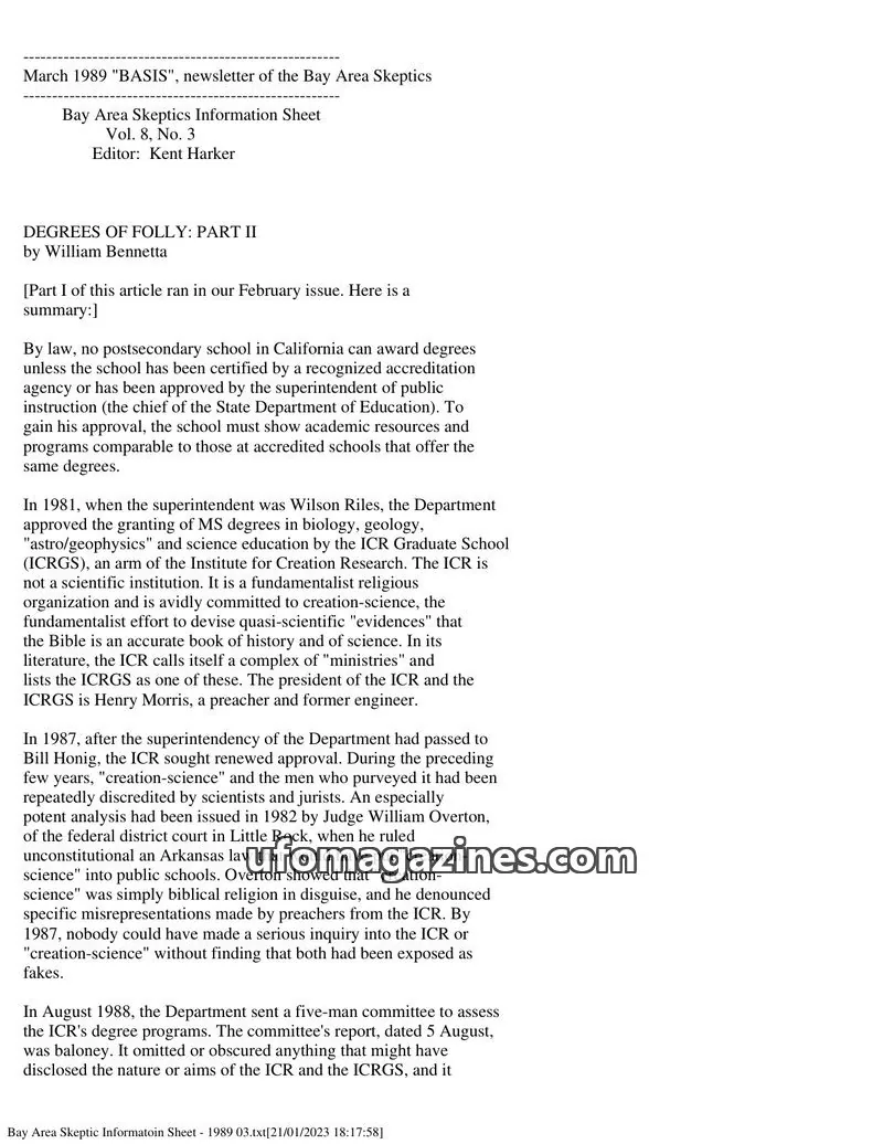 Cover of Bay Area Skeptics Information Sheet (BASIS) issue No. 3: BASIS