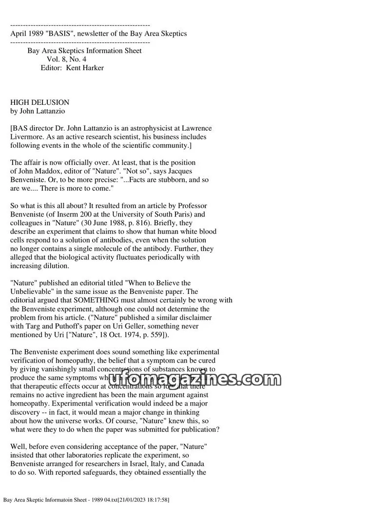 Cover of Bay Area Skeptics Information Sheet (BASIS) issue Vol. 8, No. 4: BASIS