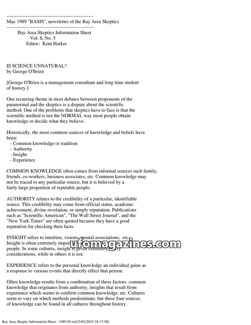 Cover of Bay Area Skeptics Information Sheet (BASIS) issue Vol. 8, No. 5: BASIS