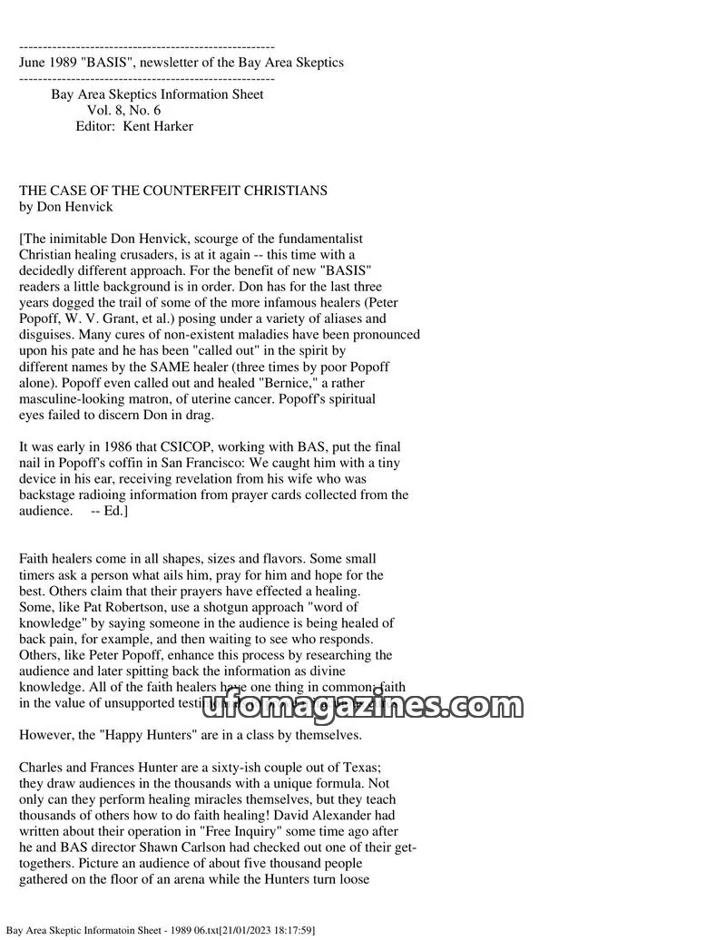Cover of Bay Area Skeptics Information Sheet (BASIS) issue Vol. 8, No. 6: BASIS